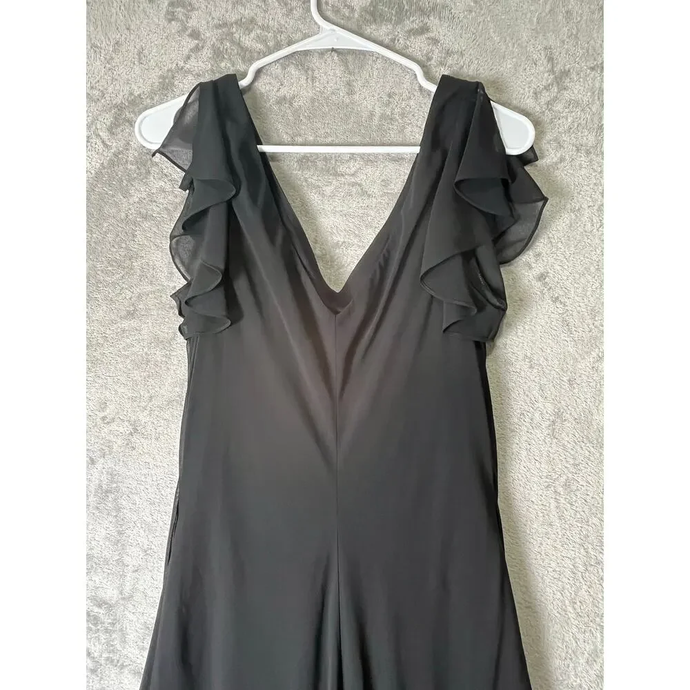 Vintage y2k Black Chiffon Handkerchief Hem Dress Floral Beaded Embroidered Med - Picture 5 of 7